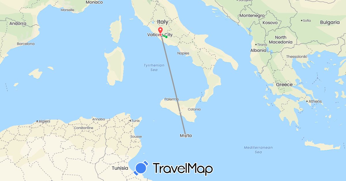 TravelMap itinerary: driving, bus, plane, hiking in Italy, Malta (Europe)